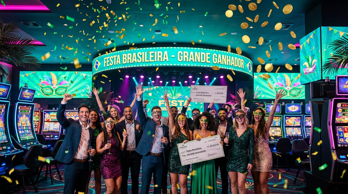 Celebração brasileira de grande vitória no cassino 28bet com confetes coloridos e moedas douradas